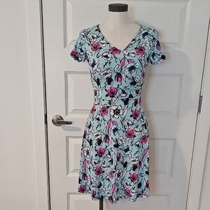 Light Blue Floral V-Neck Dress | Pink Flowers| Short Sleeve